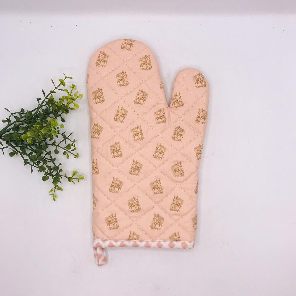 Oven Mitt: Pink with Gold Horse Heads Baking Mitt Gift Cottage
